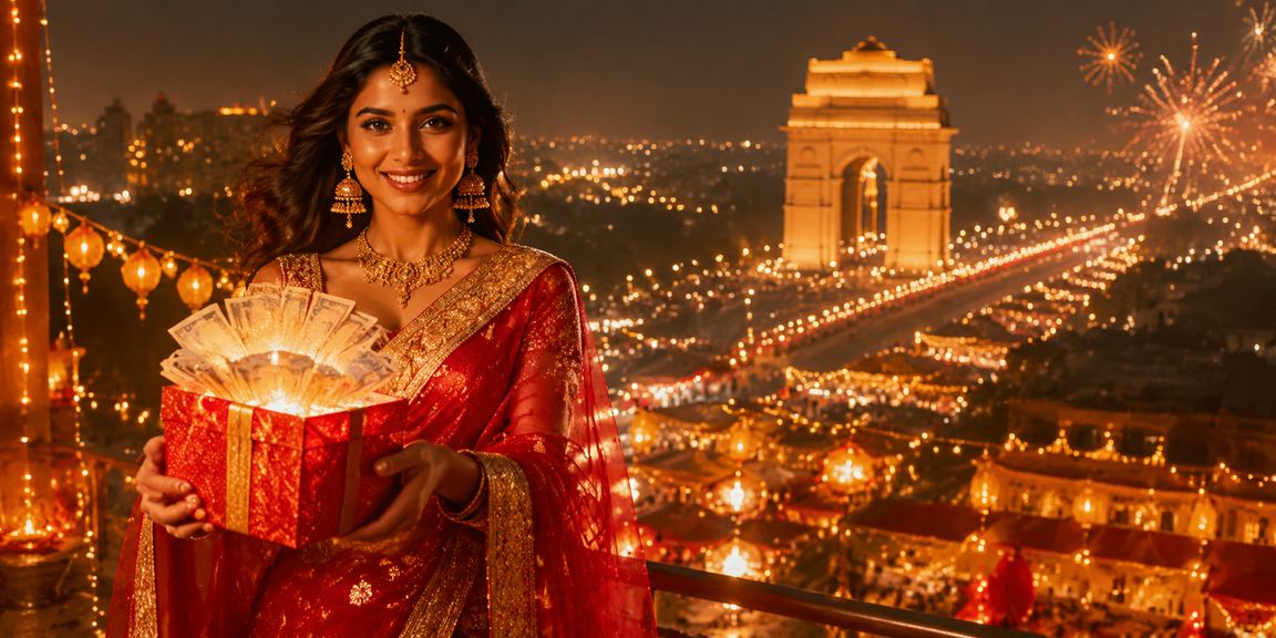 India Gate lit up during Diwali festival with nearby casino entertainment