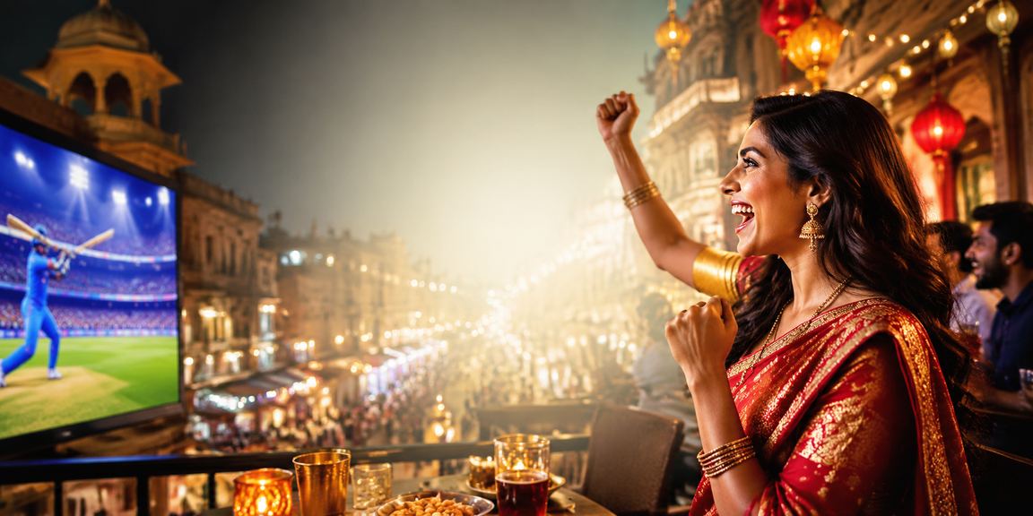 Indian woman placing bets on cricket while dressed in traditional saree